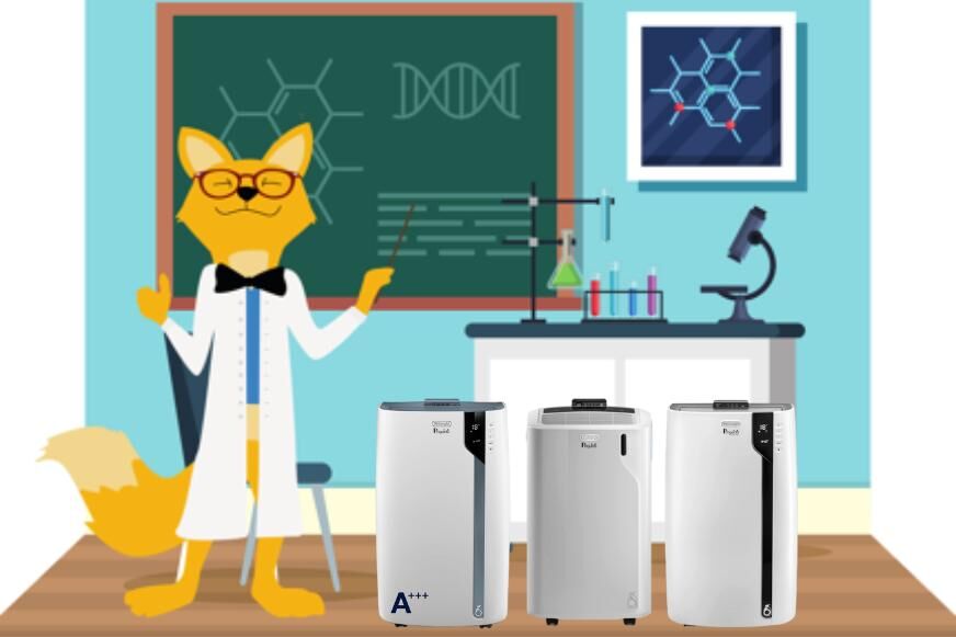 Der Smart-Home-Fox Experte zeigt und erklärt eine Analyse im Labor an einer Tafel, wie man die Kühlleistung von mobilen Klimaanlagen berechnet.